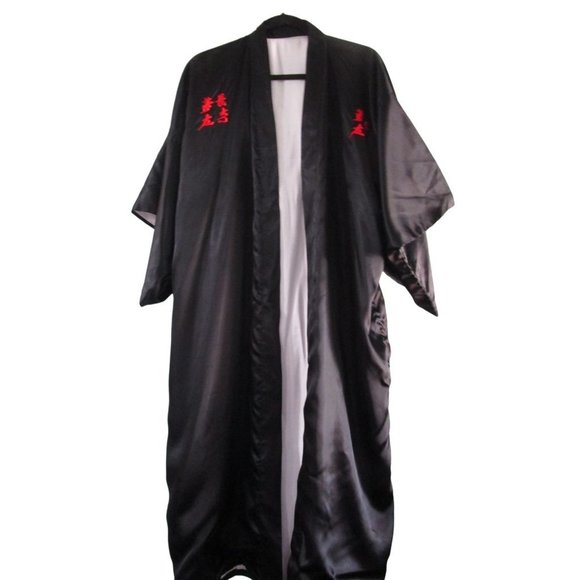 Black Happi Coat Embroidered Cranes Tree Symbols No Labels See Measurements EUC - Picture 1 of 12